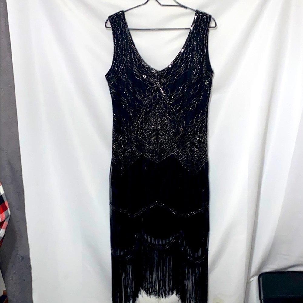 FunDaisy size XL‎ Black FULL Sequin Sheath Midi Flapper Dress LINED SIDE ZIPPER